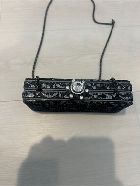 Nina Black Lace Sequined Clutch with Crystal Rosette